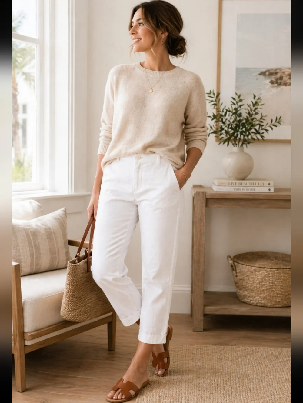 Banana Republic White Linen Blend Petite Cuffed Ankle Pants 6P Tailored Trouser